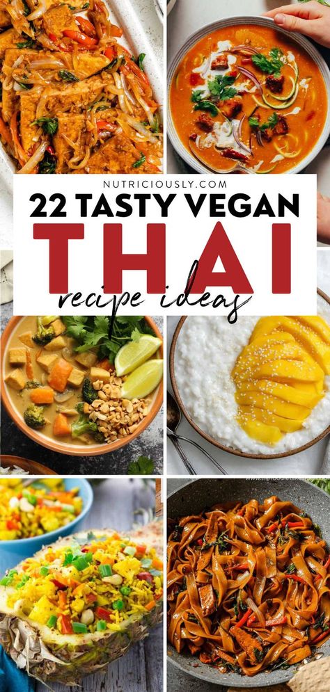 Heat the wok and enjoy these vegan Thai recipes featuring noodles, soups, curries, desserts, and more. Each recipe is made with quality fresh ingredients that are mouth-wateringly delicious! We have mango sticky rice, pade see ew, veggie larb, papaya salad, Thai basil tofu, tom kha soup, and pineapple fried rice. Vegan Thai Basil Recipes, Thai Food Recipes Vegetarian, Thai Recipes Vegan, Vegan Thai Soup, Vegan Thai Food, Fresh Vegan Recipes, Northern Thai Food, Thai Vegan Recipes, Thai Recipes Vegetarian