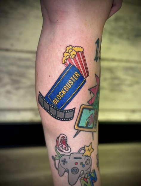 90's Nostalgia | So I’m a new tattoo artist and Ive been working on my own personal 90s themed leg for practice…still adding more lol  | Facebook 90s Tattoos, Theme Tattoo, Gaming Tattoo, 90s Theme, New Tattoo, Card Drawing, 90s Nostalgia, On My Own, Tattoo Artist