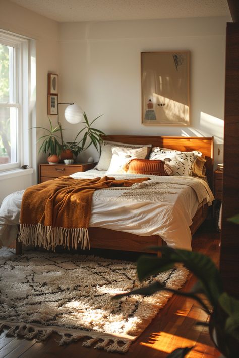 Mid-Century Modern Bedroom - Quiet Minimal Guest Bedroom Ideas Mid Century, Midcentury Small Bedroom, Cozy Natural Bedroom Aesthetic, Coastal Cowboy Aesthetic Bedroom, Mid Century Interior Design Bedroom, Rustic Bedroom Inspirations, Midmod Bedroom, Warm Aesthetic Bedroom, Midcentury Modern Bedroom Decor Ideas