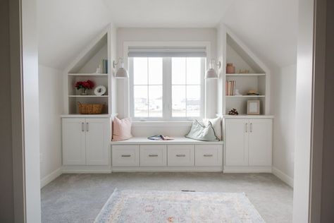 Bonus Room Window Seat, Built In Bookcase Slanted Ceiling, Attic Playroom Ideas Sloped Ceiling Slanted Walls, Bonus Room Built Ins Sloped Ceiling, Sloped Ceiling Built Ins, Finished Attic Playroom, Walk In Closet Slanted Ceiling, Attic Built Ins Slanted Walls, Bonus Room Built Ins