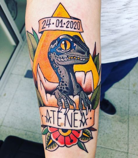 Blue Raptor Tattoo, Winston Tattoo, Baby Dinosaur Tattoo, Traditional Dinosaur Tattoo, Dinosaur Tattoo Sleeve, Raptor Tattoo, Blue The Raptor, Dinosaur Tattoo, Dinosaur Tattoos