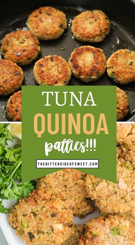 Tuna quinoa patties are a healthy and satisfying meal, packed with protein & fiber. Fried to golden perfection easy for a weeknight meal! Quinoa Tuna Patties, Fish And Quinoa, Tuna Prep Meals, High Protein Canned Tuna Recipes, Tuna And Quinoa Recipes, Quinoa Patties Recipes, Tuna Quinoa Salad, Breadless Meals, Tuna Meal Prep