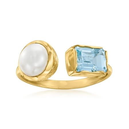 Ross-Simons is always looking for new ways to reinvent essential jewelry styles. This ring contrasts the luminous glow of a 8-8.5mm cultured freshwater button pearl and the refreshing shade of a 1.40 carat emerald-cut sky blue topaz, making one beautiful design. Crafted in textured and polished 18kt yellow gold over sterling silver. 3/8" wide. Sky blue topaz and white pearl ring. Each Ross-Simons item arrives in a fine jewelry presentation box. Shop Ross-Simons jewelry risk-free as all items include a 30-day, 100% money-back guarantee. Stone Information Gem Type 1: Topaz Stone Cut 1: Good-Cut Stone Color 1: Blue Stone Clarity 1: Blue Stone Shape 1: Emerald-Shape Stone Creation Method 1: Natural Stone Treatment Method 1: Heat-Treated,Irradiated Stone Weight 1: 1.40 Carats Number Of Stones 1 Aquamarine And Pearl Ring, Blue Diamond Engagement Rings, Grad Accessories, Pear Shaped Topaz Ring, Everyday Princess, Sky Blue Topaz Ring, White Pearl Ring, Pearl Birthstone, Ring Pearl