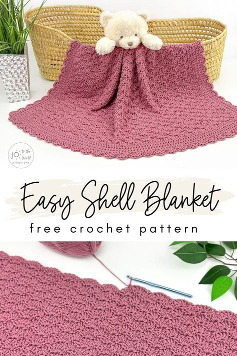 Easy Shell Blanket - Free Crochet Pattern | Jo to the World Creations Easy Crochet Baby Blanket Free Pattern, Crochet Shell Blanket, Quick Crochet Blanket, Baby Afghan Crochet Patterns, Crochet Baby Blanket Free Pattern, Crochet Blanket Pattern Easy, Easy Crochet Baby Blanket, Crochet Shell Stitch