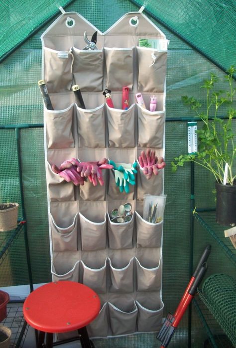 Tips for safe and smart re-purposing in the garden - you could use an old Shoe Organizer to Store Garden Tools Spray Paint Storage, Shoe Caddy, Frugal Gardening, Shed Organization, Hanging Shoe Organizer, Garden Tool Storage, Have Inspiration, Self Storage, Earthship