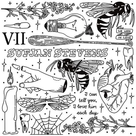 Laura on Instagram: “The linework for this @sufjan flash sheet! 🐝 such a beautiful song 😭 SUFJAN SAID GAY RIGHTS 🏳️‍🌈 . #flashsheet #sticknpoke #tattoo #blackwork…” Sufjan Stevens Tattoo Ideas, Quick Flash Tattoo, Sufjan Stevens Tattoo, Wasp Tattoo, Gay Tattoos, Tattoo Flash Sheets, Gay Tattoo, Song Tattoos, Jet Pack