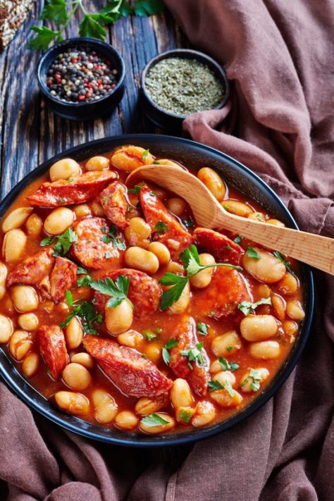 Recipes With Portuguese Sausage, Portuguese Sausage Recipe Dinners, Portuguese Beans With Linguica, Portuguese Sausage Recipe, Bajan Macaroni Pie Recipe, Portuguese Meals, Greek Sausage, Portuguese Dishes, Potato Sauce