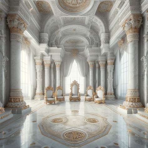 Step inside the grand white marble throne room of Meifla, filled with opulence and elegance. This expansive hall features tall, ornate columns, intricately carved walls, and luxurious thrones, reflecting the community's dedication to beauty and heritage. At the heart of Meifla's governance, five ageless deities assist in decision-making for the community, ensuring wisdom and harmony prevail. #ThroneRoom #WhiteMarble #Worldbuilding #FantasyInteriors #ArchitecturalBeauty #DivineGuidance Royal Court Room, Anime Throne Room, Fantasy Throne Room, Royal Throne Room, Fantasy Kingdom Throne Room, Gothic Throne Room, Throne Room Concept Art, Castle Throne Room, Gods Throne Room