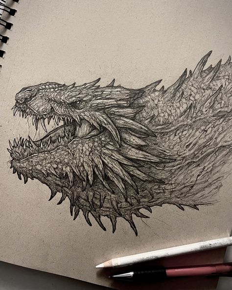 Dragon Head Drawing, Dragon Anatomy, Creature Artwork, Dragon Illustration, Art Drawings Sketches Pencil, Drawing Process, House Of The Dragon, Dragon Artwork, Fantasy Creatures Art