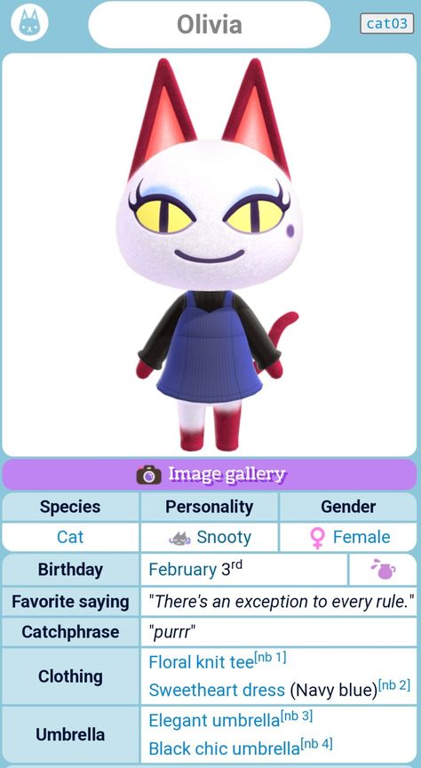 Olivia the Cat ACNH Villager Nookipedia page Acnh Olivia, Olivia Animal Crossing, Acnh Best Villager, Animal Crossing Cat Villagers, Cat Villager Animal Crossing, Acnh Sisterly Villagers, Ione Animal Crossing Villager, Animal Crossing Characters, Floral Knit