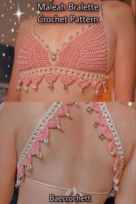 Triangular Crochet Shawl Pattern, Yarn Products Ideas, Free Crochet Bra Pattern, Crochet Tops With Beads, Unique Crochet Clothes, Beaded Crochet Top, Crochet Straps For Tops, Crochet Top With Beads, Crochet Designs Clothing