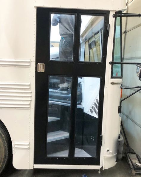 Barn Door Projects, Custom Entry Doors, Converted Bus, Door Projects, Custom Barn Doors, Bus Conversions, School Bus Conversion, Bus Life, Bus Conversion