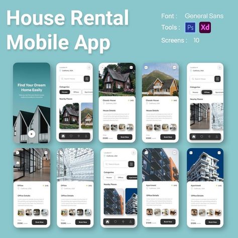 How do the perfect app for elite apartments rental looks like? Something like this, right? Classy colors, confident geometry, and some real photos of gorgeous buildings you'll live in. I tried to make this apartment rental design as straight as possible Application Ui Design, Desain Ux, House App, Unique Website Design, Ux App Design, App Design Layout, Best Ui Design, Mobile Application Design, Architecture Portfolio Design