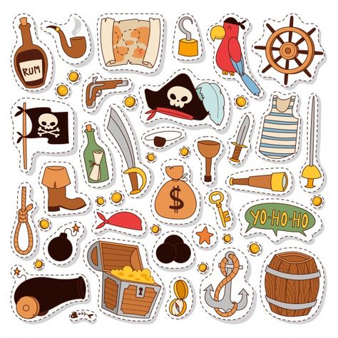 Conjunto de pegatinas pirata. Vector Pre... | Premium Vector #Freepik #vector #oro #viajes #halloween #dibujos-animados Treasure Doodle, Pirate Stickers, Pirate Illustration, Doodle Icons, Pirate Crafts, Pirate Theme Party, Cartoon Theme, Pirate Birthday Party, Doodle Icon