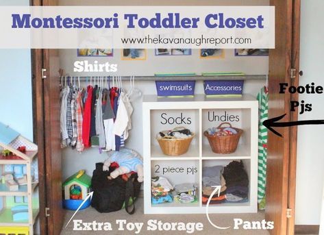 Montessori Toddler Closet. Ideas for making a closet and clothes accessible to a toddler for a more Montessori friendly home. Montessori Closet Toddler, Montessori Closet, Montessori Toddler Room, Montessori Toddler Bedroom, Toddler Closet Organization, Closet Redesign, Toddler Closet, Montessori Bedroom, Montessori Room