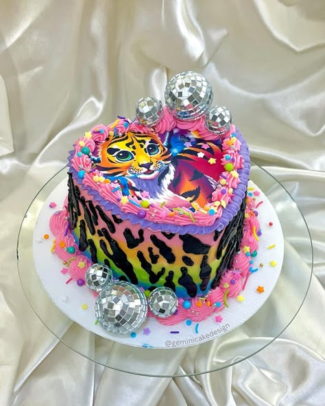 Birthday Fun Ideas, Lisa Frank Birthday, Cheetah Birthday Cakes, Disco Ball Cake, Lisa Frank Birthday Party, Disco Theme Party, 1970s Disco, Ball Cake, Disco Theme