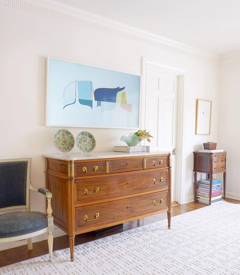 nicola bathie mclaughlin on Instagram: “our bedroom was so light and serene, so while i wanted a tv in our room, i never wanted a dark blank screen up on the wall. but, the…” Wedding Day Brunch, Nicola Bathie Mclaughlin, Atlanta Apartments, Nicola Bathie, Blank Screen, Antique Chest, A Tv, Home Decor Inspiration, Decor Inspiration