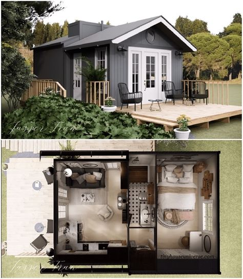 Great small home plans...♥ For more:... - Tiny House Universe | Facebook Island Tiny House, Shed Transformation Ideas Tiny House, Small House Kitchen Design Ideas, Mini Shed House Interior, 1 Floor Tiny House, Garden Shed Tiny House, Tiny Cabin Plans Layout, Tiny House Open Floor Plan, Tiny Shed Home Ideas