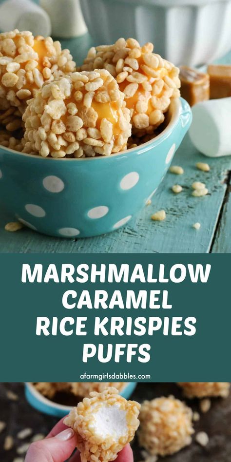 Marshmallow Caramel Rice Krispies Puffs from afarmgirlsdabbles.com - These are a cheery, soft and gooey, no-bake treat. A Christmas tradition for our family that's also super fun for game day, movie night, or any casual gathering! #marshmallow #caramel #ricekrispies #ricekrispie #rice #krispie #krispies #puffs #balls #delights #easy #recipe #nobake #Christmas #dessert #gameday #footballfood Fancy Rice Krispie Treats, Rice Krispie Balls, Marshmallow Squares, Easy Caramel, Homemade Candy, Rice Krispy, Candy Recipes Homemade, Christmas Candy Recipes, Rice Crispy Treats