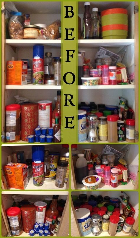 Organized Kitchen Cabinet for Spices BEFORE StuffedSuitcase.com Organize Kitchen Cabinets Food, Organizing Spice Cabinet, Seasoning Organization Ideas, Organize Spice Cabinet, Seasoning Storage Ideas, How To Organize Kitchen Cabinets, Organize Kitchen Spices, Spice Cabinet Organization, Small Space Interior Design