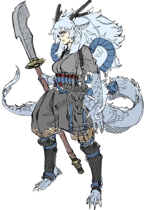 Fire Magic Concept Art, Dragon Girl Character Design, Yokai Character Design, Dragon Person Character Design, Dragon Centaur, Yokai Oc, Oni Character Design, White Dragonborn, Dragonborn Character Design