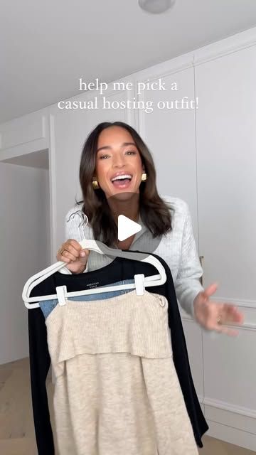 Nena Evans on Instagram: "What do you think?! 1 or 2?! Hosting a casual dinner with our friends before we’re all too busy for the holidays. Do I go with the tried and true jeans and a cute top or the black midi dress that feels like pjs 🤤 Comment OUTFIT to get these comfy casual @americaneagle looks sent straight to your inbox! #AEpartner #AEjeans https://liketk.it/4YiZR

#Hostingoutfit #thanksgivingoutfit #falloutfit #fallfashion" Hanukkah Outfits, Jeans And A Cute Top, True Jeans, Ae Jeans, Too Busy, Thanksgiving Outfit, Black Midi, Tried And True, Casual Dinner