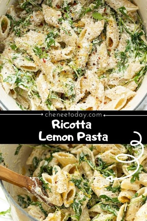 One pot ricotta lemon pasta with arugula and parmesan cheese! Make an easy lemon ricotta pasta sauce in just a few steps to enjoy this deliciously bright dinner! This ricotta cheese lemon pasta is a guaranteed hit! Asparagus Ricotta Pasta With Almonds, Lemon Pasta With Ricotta, Lemon Ricotta Pasta Salad, Lemon Vegetable Pasta, Lemon And Herb Ricotta Sauce, Lemon Basil Ricotta Pasta, Lemon Cottage Cheese Pasta, Part Skim Ricotta Cheese Recipes, Lemon Ricotta Pasta With Chicken