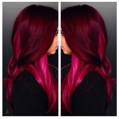 Deep red and hot pink hair Red Pink Hair, Adorable Hairstyles, Red Violet Hair, Exotic Hairstyles, Pink Ombre Hair, Purple Ombre Hair, Hot Pink Hair, Violet Hair, Fun Hair