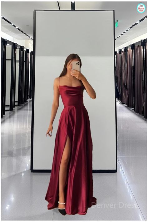 #datenight #outfitideas #fashion https://whispers-in-the-wind.com/best-fall-outfit-ideas-trendy-and-cozy-autumn-styles/?romantic-outfit-designs-for-women-20-feminine-and-flirty-looks-for-date-nights-and-special-occasions Red Long Prom Dresses, Prom Dresses Satin, Prom Dress Pictures, Prom Dress Inspo, Dark Red Dresses, Dresses Satin, Stunning Prom Dresses, Spaghetti Strap Prom Dress, Corset Dress Prom