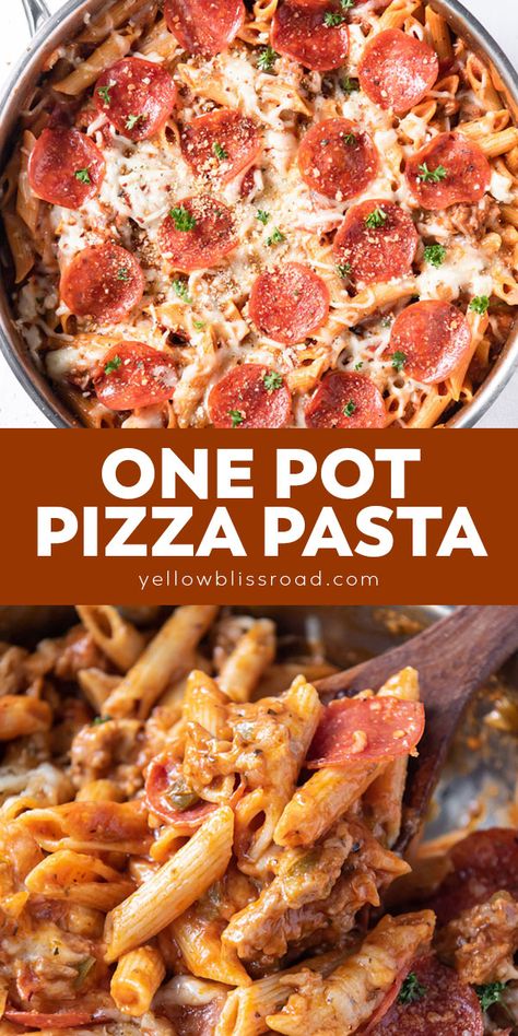 This One Pot Pizza Pasta is so simple and delicious and tastes like pizza in a bowl! Plus this simple dinner cooks in just one pot for easy clean up! Big One Pot Meals, One Pot Pepperoni Pizza Pasta, One Pot Pizza Pasta Bake, Simple One Pot Dinners, Easy Dinner Ideas One Pot, Pasta Skillet Meals, Pizza Pasta Recipes Easy, One Pot Pizza Pasta, Quick And Easy One Pot Dinner Recipes