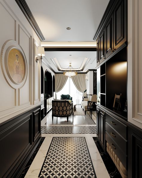 Contemporary Colonial Interiors, Indochine Interior, Art Deco Style Interior, Indochine Style, Hallway Designs, Lobby Design, Black And White Decor, Elegant Living Room, Elegant Living