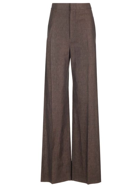 High-waisted dark brown linen trousers from Loewe, wide leg, with hidden front zip and hook closure, side and back welt pockets. Loewe Clothes, Loewe Trousers, Loewe Pants, Loewe Outfit, Brown Linen Trousers, Versace Designer, Women Trousers, Brown Trousers, Trousers For Women