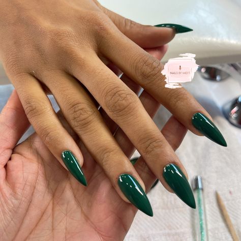 Green Pointed Nails, Long Almond Acrylic Nails Green, Dark Green Pointy Nails, Forest Green Stilleto Nails, Emerald Green Coffin Acrylic Nails, Green Stelito Nails, Green Stilletos Nails, Green Stiletto Acrylic Nails, Green Nails Pointy