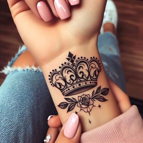 Crown Roses Tattoo, Bling Tattoo Ideas, Crown Tattoo With Flowers, Womens Crown Tattoo, Crown Wrist Tattoos For Women, Feminine Crown Tattoo, Womans Hand Tattoo, Female Crown Tattoo, Queens Crown Tattoo