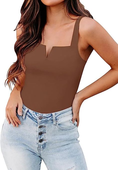 PINKMSTYLE Womens Square V Neck Tank Tops Cute Slim Double Lined Seamless Sleeveless Tops Summer Shirts Slim Tank Top, Cute Summer Tops, Sleeveless Tops Summer, Tank Top Outfits, Brown Outfit, Square Neck Top, V Neck Tank Top, Sleeveless Tops, Summer Tank Tops