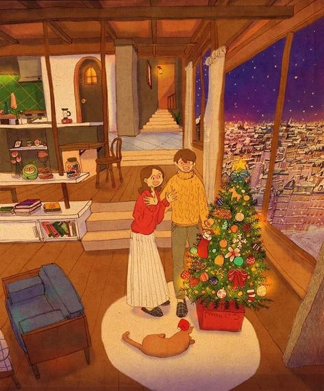 We decorated the Christmas tree. I'm really looking forward to Christmas!  For those of you who want to get this illustration as a christmas card, art print, canvas print, device case, etc. Please search for Puuung on Redbubble.com  #puuung #love #loveis #loveisinsmallthings #couple #relationship #couplegoals #relationshipgoals #christmas #christmastree Puung Couple, Puuung Love Is, Dream Illustration, Wall E Eve, Citation Art, Couple Illustration, Love Illustration, Cute Couple Art, Christmas Couple