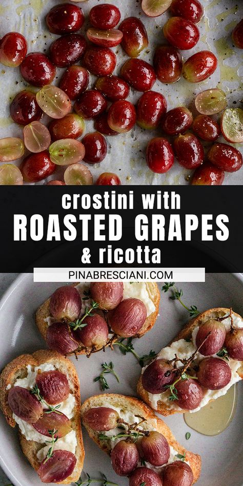 Roasted grape crostini are the perfect appetizer! Sweet grapes, whipped ricotta, honey and fresh thyme - simple and delicious! #pinacooks Roasted Grape Crostini, Baked Grapes And Cheese, Roasted Grapes And Ricotta, Roasted Grape And Brie Crostini, Roasted Grapes Appetizers, Roasted Grapes And Brie Crostini, Roasted Grapes And Feta, Roasted Grapes Recipes, Fresh Grapes Recipes