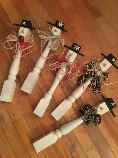 Transform stair spindles into snowmen Repurpose Porch Spindles, Banister Spindles Crafts, Christmas Crafts Using Wooden Spindles, Snowman Made Out Of Spindles, Crafts Using Old Spindles, Crafts Using Spindles, Repurposed Stair Spindles, Porch Spindles Repurposed, Snowmen Made From Spindles