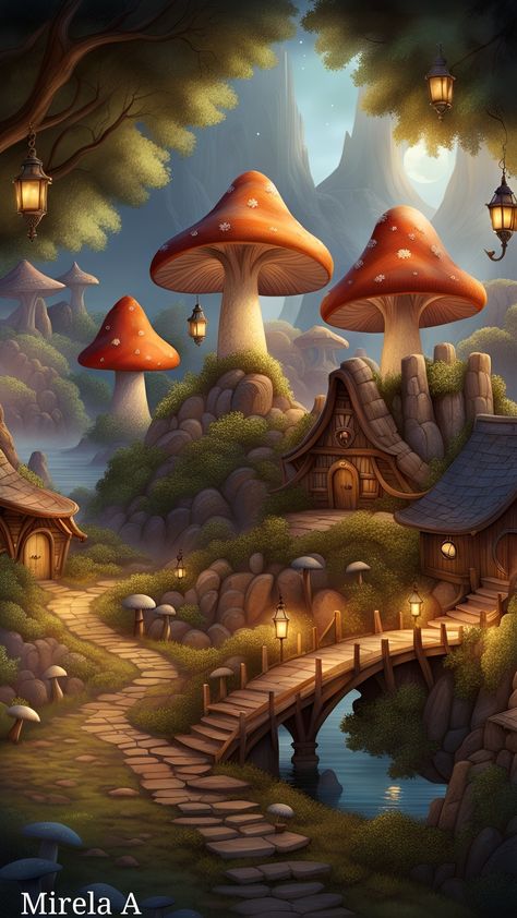 Land Drawings, Fairy Land Drawing, Mushroom Drawing Fantasy Fairy Art, Giant Mushroom Forest Drawing, Fantasy Mushroom Fairy Art, Fantasy Landscape Mushroom, Mushroom Forest Fantasy Art, Fairy Toadstool, Imagination Drawing