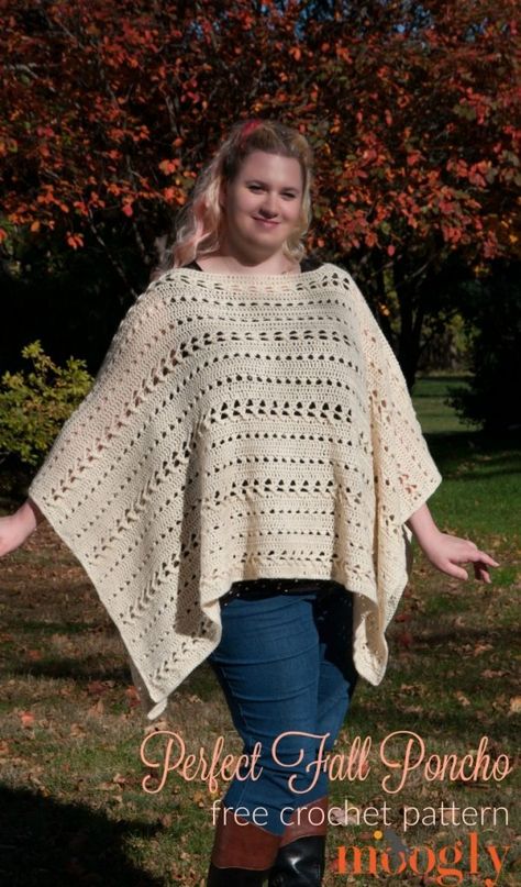 Free #Crochet Pattern: Perfect Fall Poncho - mooglyblog.com Crochet Square Poncho Free Pattern, Crochet Poncho Plus Size, Crochet Rectangle Poncho Free Pattern, Crochet Caplet Shawl Free Pattern, Blanket Poncho Pattern, Granny Square Poncho Pattern Free, Crochet Blanket Poncho, Crochet Caplet, Granny Square Poncho