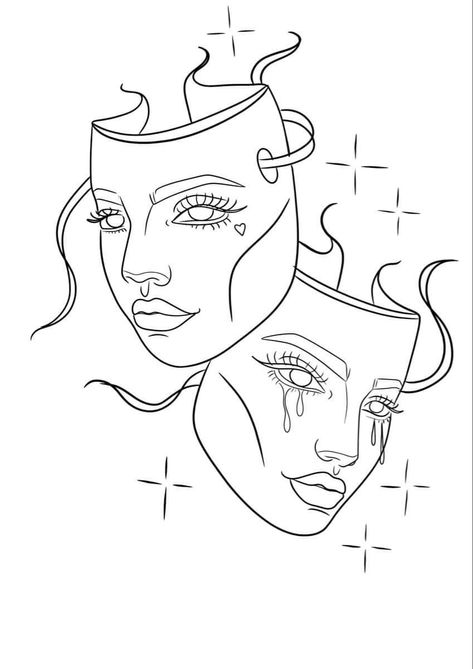 Female Tattoo Ideas Thigh, Two Face Tattoo Woman, Neck Tattoo Outline, Tattoo Ideas Angels, Minimalist Body Drawing, Clown Tattoo Stencil, Drama Mask Tattoo Design, Outline Drawings Simple, Line Portrait Tattoo