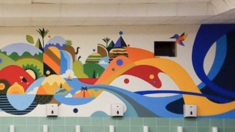 School Mural Ideas Creative, Murals Street Art Creative, School Mural Ideas, Mural Art Painting, Wall Painting Mural, Interior Design Secrets, Bird Paintings On Canvas, Office Mural, Mural Art Design