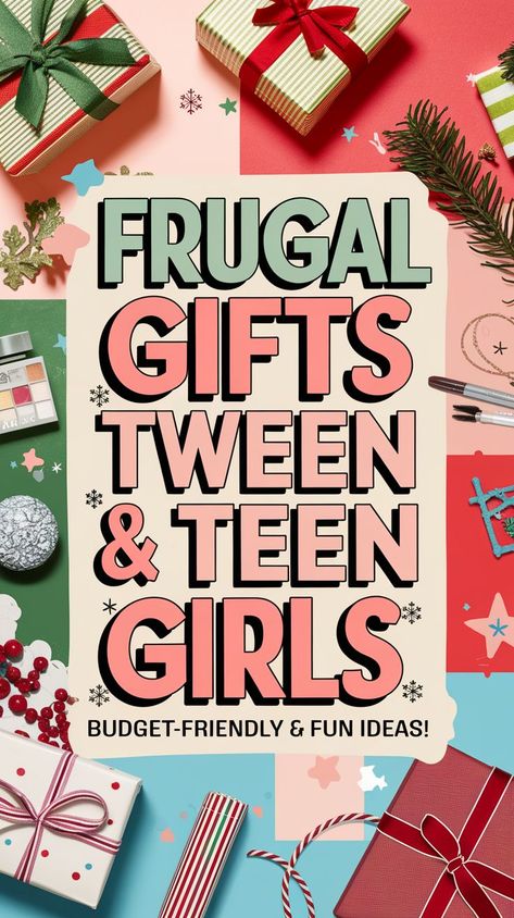 Festive graphic featuring gift boxes with bows, pine branches, and makeup around bold text: "Frugal Gifts for Tween & Teen Girls. Budget-friendly & fun ideas." Frugal Christmas Gifts, Frugal Gift Ideas, Frugal Christmas, Frugal Girls, Teen Christmas Gifts, Christmas Gifts For Teen Girls, Budget Friendly Gift, Presents For Girls, Best Stocking Stuffers