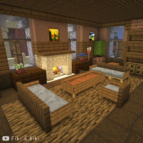 Tutorial for this build is on our YouTube channel: Fiki & Biki 🐔 (link in bio) Minecraft Underground Room Ideas, Minecraft Sitting Room Ideas, Minecraft Workshop Ideas Interior, Minecraft Blacksmith Ideas Interior, Blacksmith Minecraft Interior, Minecraft Interior Ideas Living Rooms, Cute Minecraft Living Room, Minecraft Blacksmith Interior, Minecraft Castle Interior