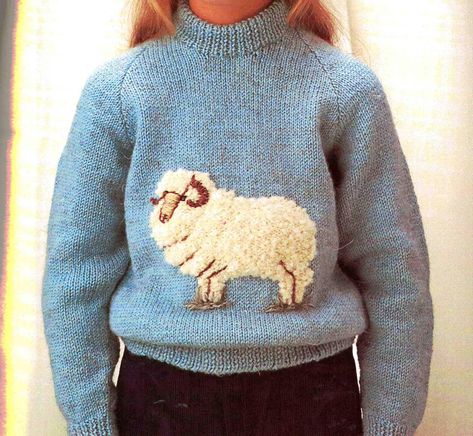 Knit a prize winning Merino Sheep sweater for kids 70 - 80cm chest (6-12 year olds depending on chest size).  The sheep is knitted separately and sewn on the purl-side of the knitted sweater, with features embroidered following a graph. This fabulous DIGITAL pattern is available for immediate download following purchase; there is no need to wait. This is digital, not paper. Published in Australia in the 1980's, the language is English and there is no other translation available. See the pattern Vintage Animal Sweater, Sheep Sweater, Animal Sweater, Sweater Knitting Pattern, Knit Vest Pattern, Merino Sheep, Prize Winning, Motif Vintage, Xmas Sweater