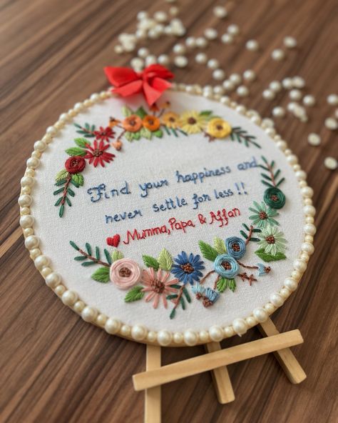 Give a precious gift to your loved ones to cherish forever with this your sweetest message and some pretty flowers, embroidered beautifully. 🌼💖 Available in three sizes, they’re perfect for wall hanging or place them with a cute stand on your table corners. ❤️❤️❤️ Sizes - 10 inches, 8 inches, 6 inches Colours - indefinite Never Settle For Less, Embroidery Hoop Art Diy, Sweet Messages, Hand Embroidery Design, Embroidery Hoop Art, Hoop Art, Character Aesthetic, Saree Wedding, Embroidery Hoop