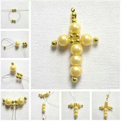 Diy Easter Jewelry, Cross Jewelry Diy, Pearls Diy, Bead Charms Diy, Diy Bracelets Patterns, Diy Bracelet Designs, Beaded Jewelry Tutorials, Beaded Cross, Handmade Wire Jewelry