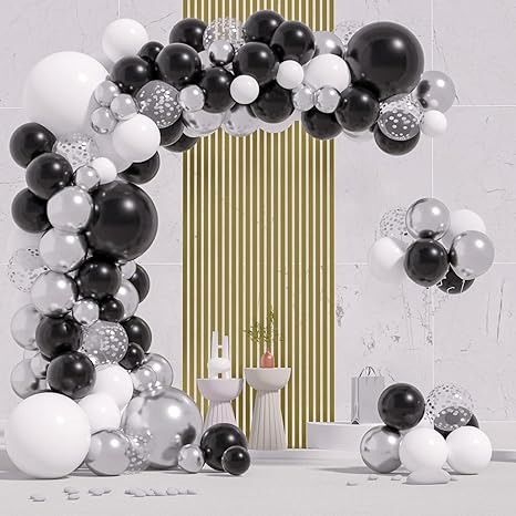 Amazon.com: AJOYEGG Black White Silver Balloons Garland Kit 135pcs, 5+12+18inch Black White Metallic Chrome Silver and Silver Confetti Latex Balloons Arch for Wedding Bridal Shower Birthday Party Decorations : Home & Kitchen Black And White Balloon Arch, Black And White Balloons, Birthday Party Background, Anniversary Party Decorations, Valentines Balloons, White Confetti, Silver Balloon, Birthday Party Balloon, Baby Shower Party Supplies