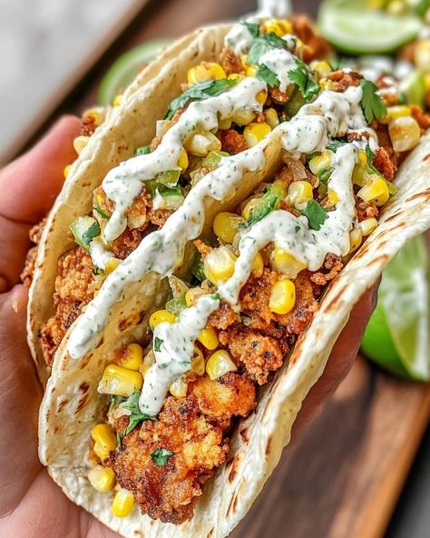 Mexican Street Corn Chicken Tacos, Fried Chicken Street Corn Tacos, Creamy Street Corn, Street Corn Chicken Tacos, Street Corn Tacos, Easy Fruit Cocktails, Fried Chicken Tacos, Sour Cream Ranch Dressing, Jalapeño Ranch