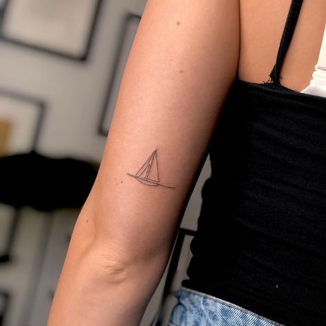 Boat Outline Tattoo, Sail Boat Tattoo Minimal, Fine Line Sail Boat Tattoo, Sailing Tattoos For Women, Catamaran Tattoo, Small Sailboat Tattoo, Sailboat Tattoo Simple, Sail Boat Tattoo, Wind Tattoo